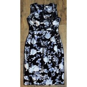NWT Calvin Klein Sheath Dress Floral Flowers Black Silver Zipper Stretchy Size 8